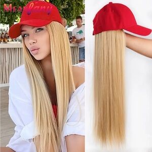 NEW - Chic Red Baseball Cap with Long Blonde Straight Synthetic Hair Extensions